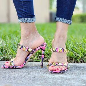 Women's Pink Studded High Heel Square Open Toe Shoes